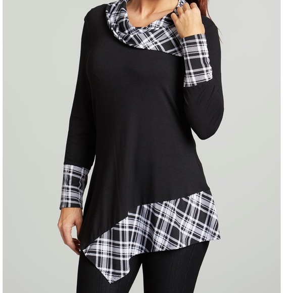 one fashion by cozy collection Tops - Black Plaid Asymmetrical Cowl Neck Top